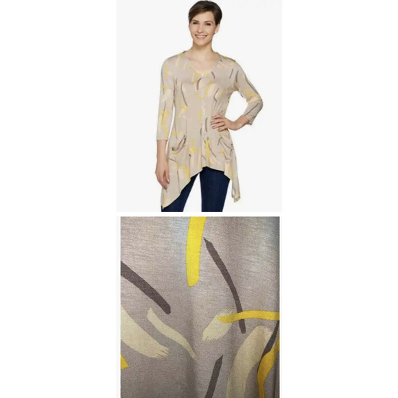 LOGO by Lori Goldstein Button Front Cardigan Pockets Size L Taupe 80's Graphic - Picture 2 of 12